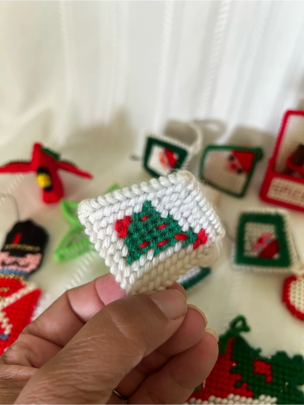 Vintage Plastic Canvas Christmas Ornament Set Santa Elf Angel Spice Box Candle